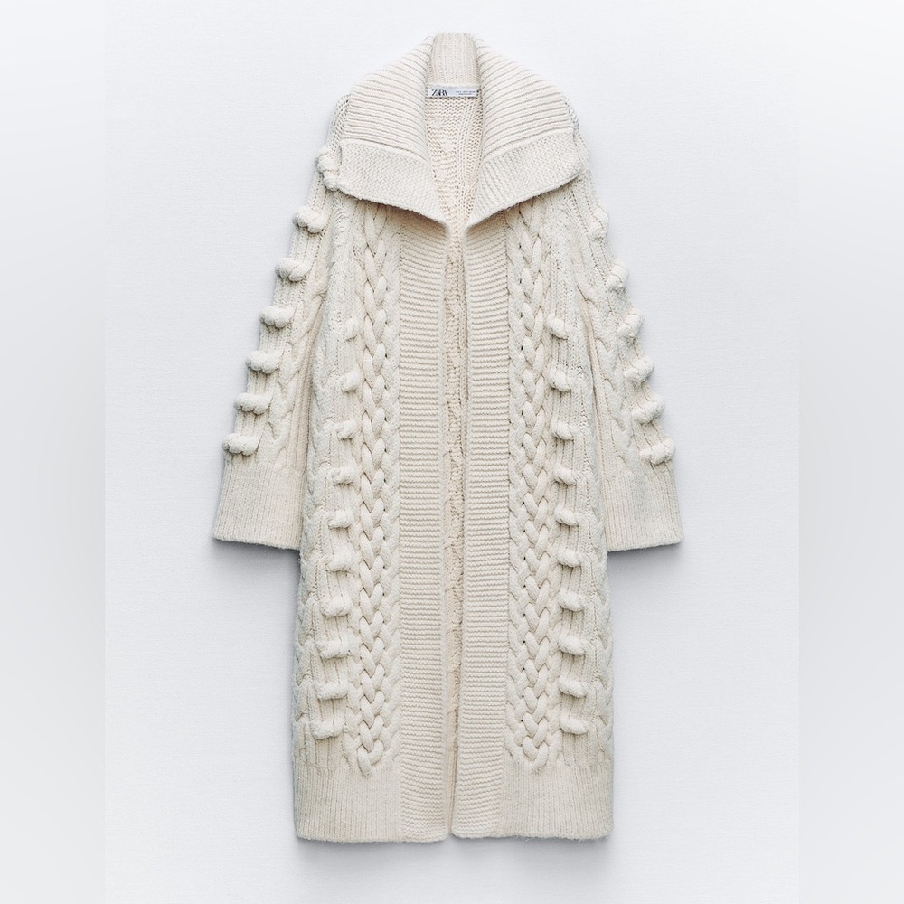 Zara Chunky Ivory Cable Braided Knit Maxi Long Cardigan Coat with Open Lapel OS